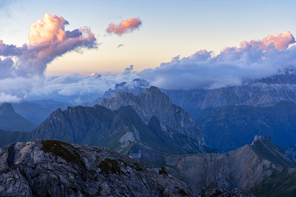 Alta Via Bepi Zac, sunset on Pale of San Martino, Dolomites, Veneto, Italy, Europe