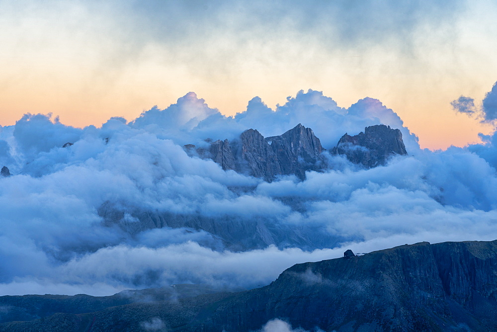 Alta Via Bepi Zac, sunset on Marmolada, Dolomites, Veneto, Italy, Europe