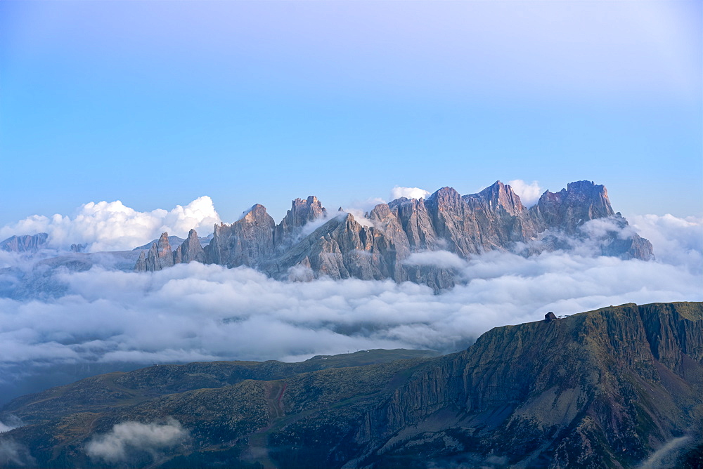 Alta Via Bepi Zac, sunset on Marmolada, Dolomites, Veneto, Italy, Europe