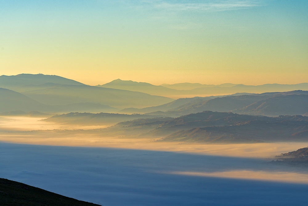 Apennines at sunrise seen from Mount Cucco, Umbria, Italy, Europe