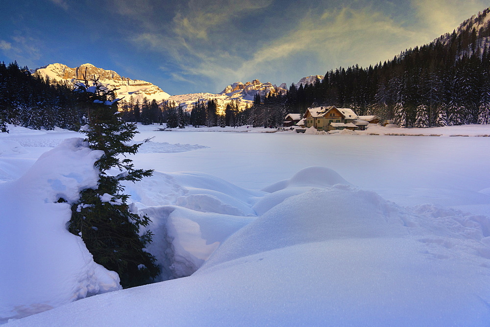 Rendena Valley, Lake Nambino and Brenta mountain range at sunset in winter, Trentino, Dolomites, Italy, Europe