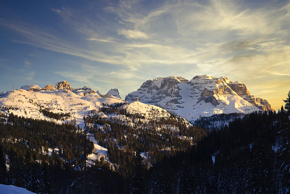 Rendena Valley, Brenta mountain range at sunset in winter, Trentino, Dolomites, Italy, Europe