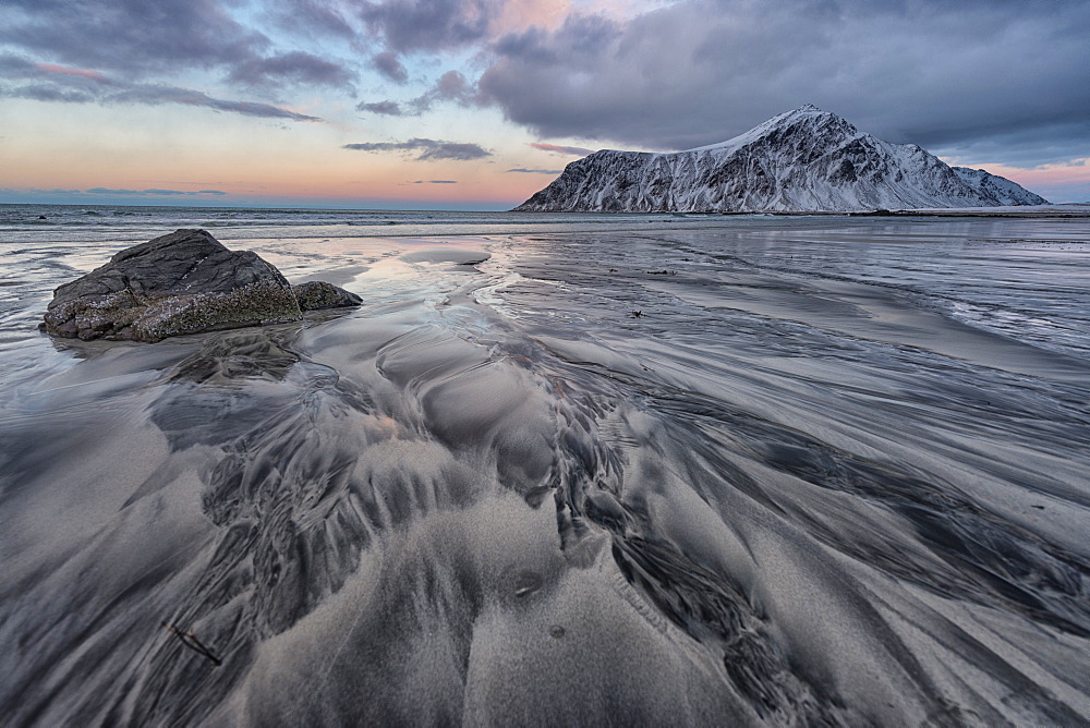 Drawings and shapes on the sand, Skagsanden beach, Lofoten Islands, Norway, Scandinavia, Europe