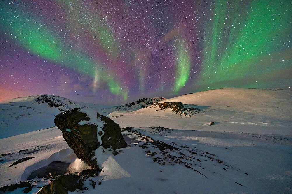 Aurora Borealis (Northern Lights) over the mountains, Finnmark, Norway, Scandinavia, Europe