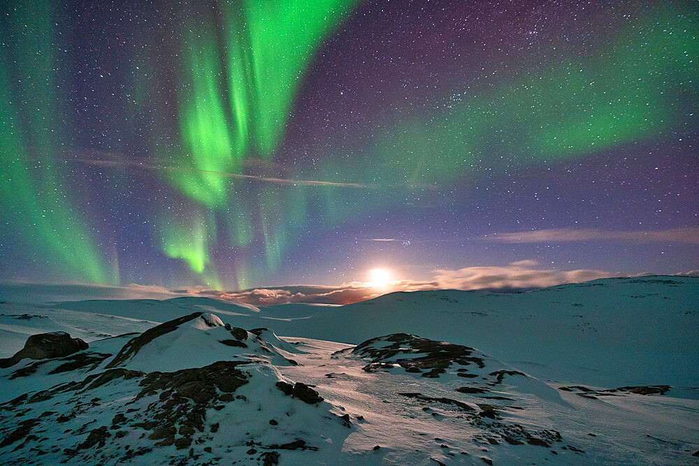 Aurora Borealis (Northern Lights) over the mountains, Finnmark, Norway, Scandinavia, Europe