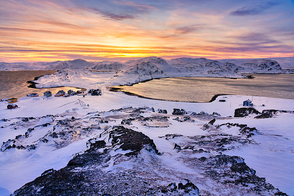 Kongsfjord, Veidnes, Village at sunset, Finnmark, Norway, Scandinavia, Europe