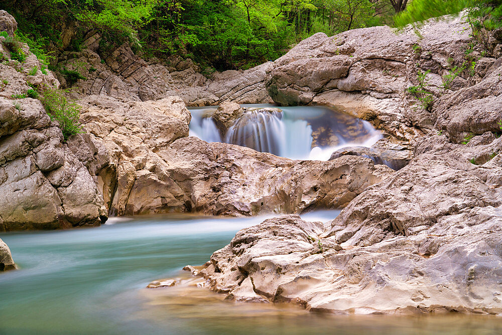 Waterfall on river Burano in summer, Apennines, Marche, Italy, Europe