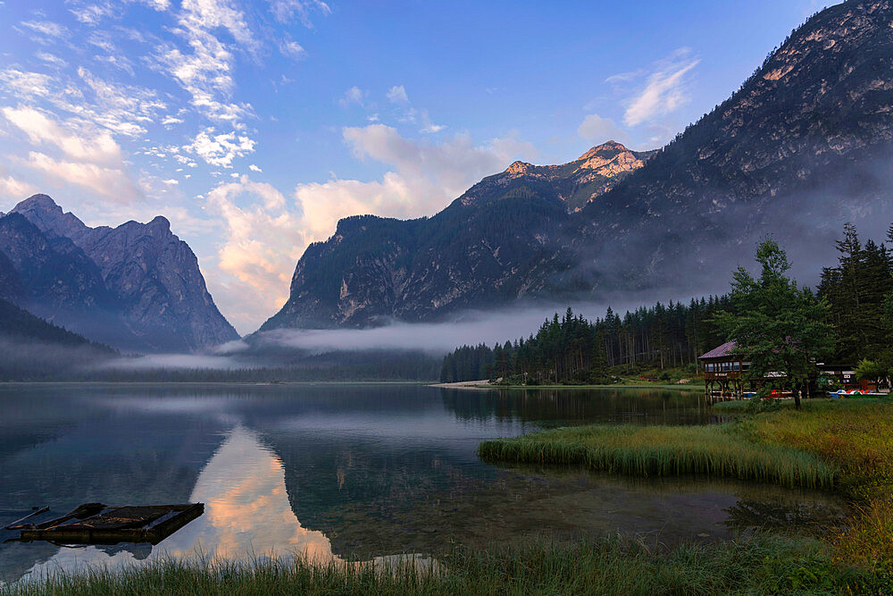 Lake Dobbiaco at sunrise in summer, Sud Tirol, Italy, Europe