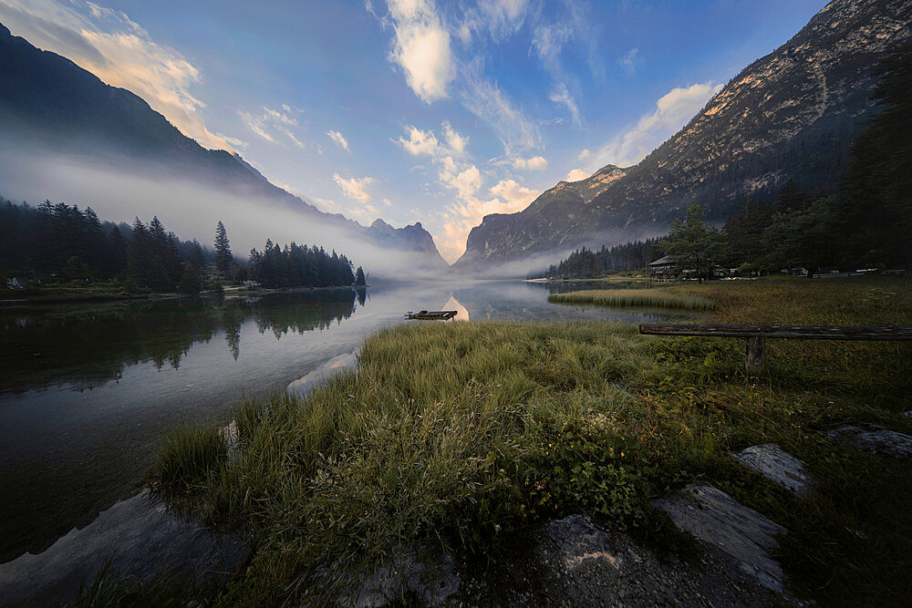 Lake Dobbiaco at sunrise in summer, Sud Tirol, Italy, Europe