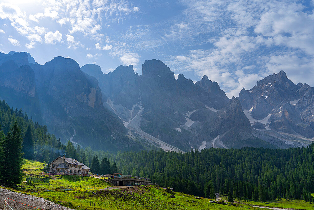 Malga Venegiotta mountain hut, Venegia Valley, Pale di San Martino Park, Dolomites, Trentino, Italy, Europe