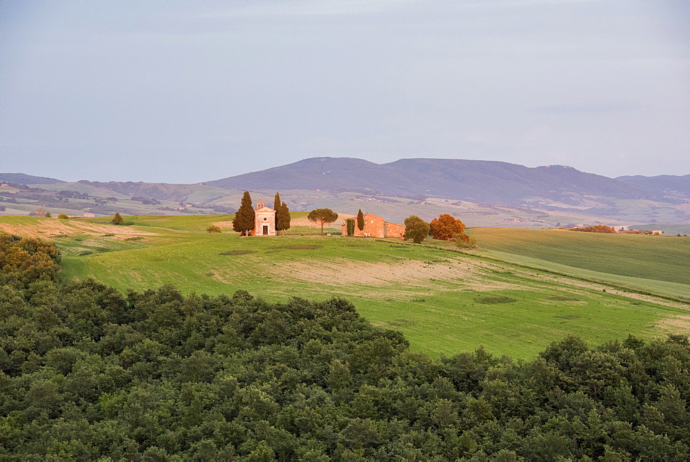 Vitaleta church at sunset, San Quirico,Val d'Orcia (Orcia Valley), UNESCO World Heritage Site, Tuscany, Italy, Europe