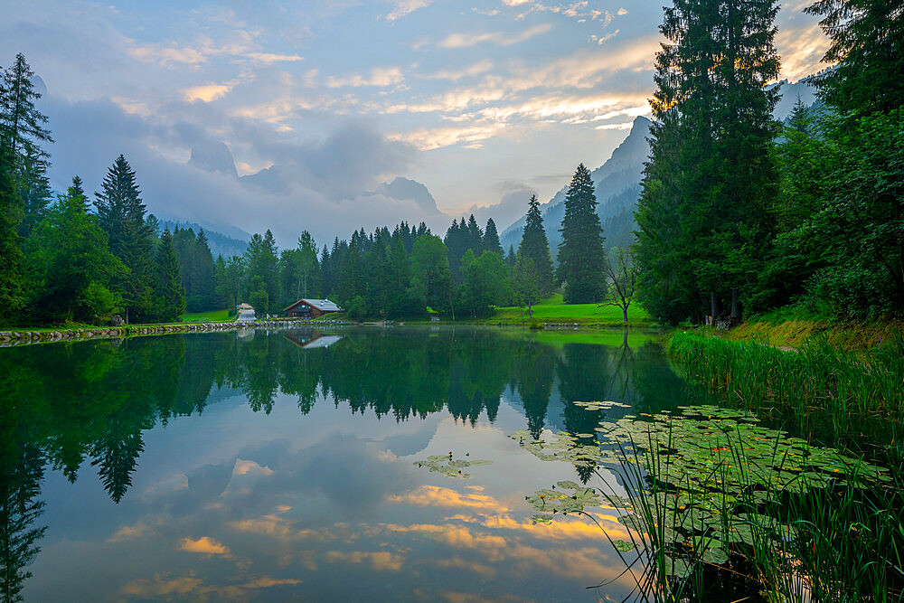 Lake Welsperg at sunrise, Canali Valley, Dolomites, Trentino, Italy, Europe