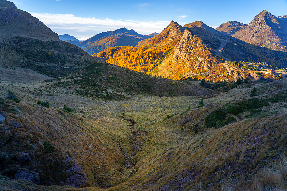 Rolle Pass at sunrise, Dolomites, Trentino, Italy, Europe