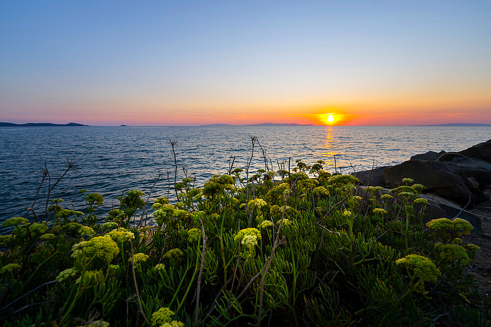 Cala Civetta at sunset, Punta Ala, Tuscany, Italy, Europe