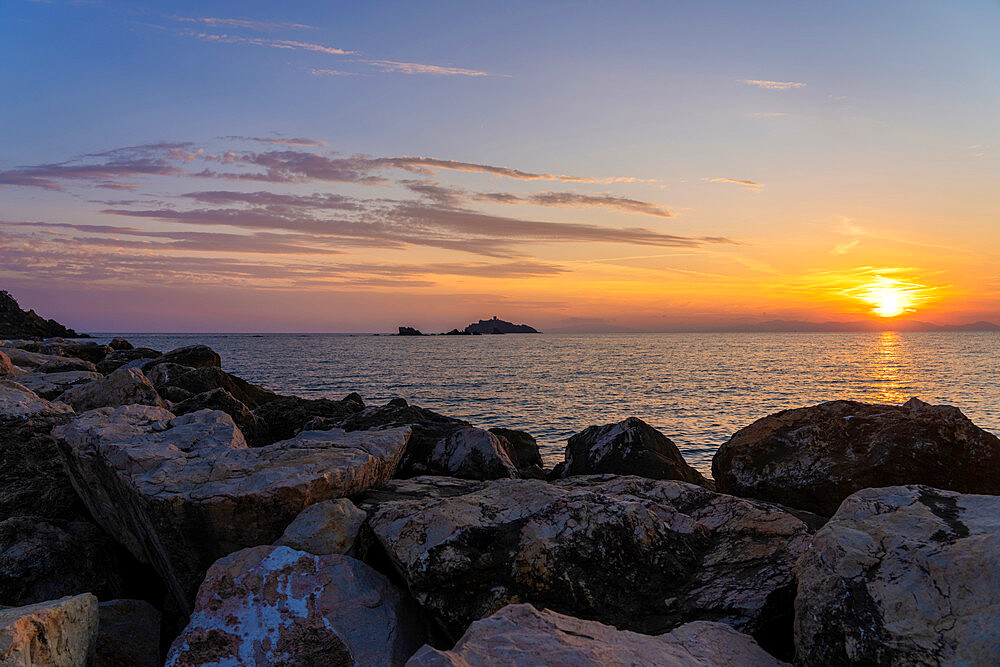 Sparrow Rock at sunset, Punta Ala, Tuscany, Italy, Europe