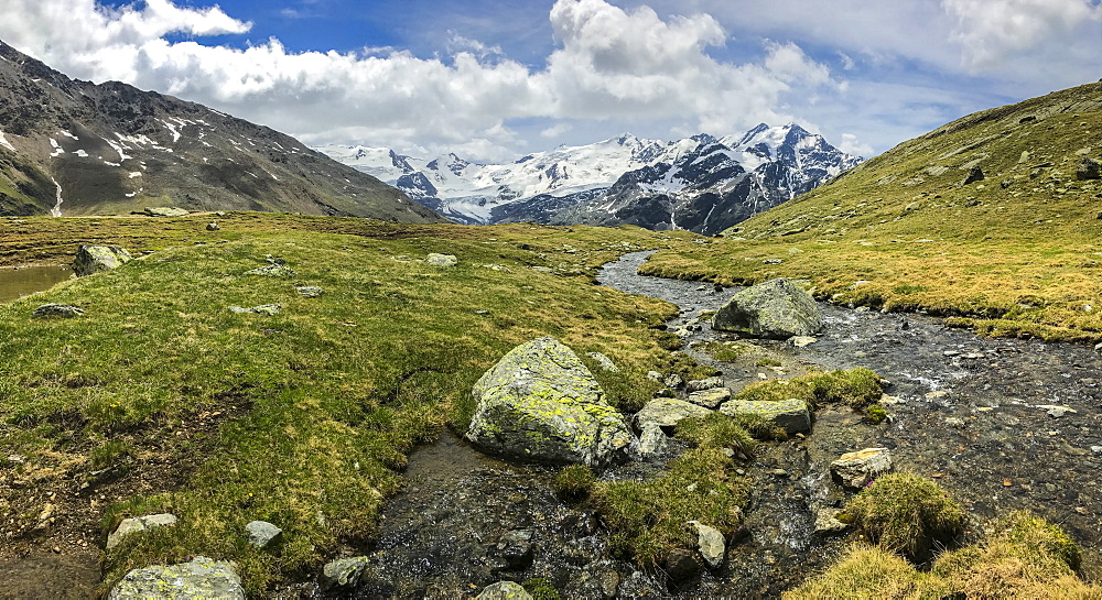 Glacier Forni and alpine river, Valfurva, Lombardy, Italy, Europe