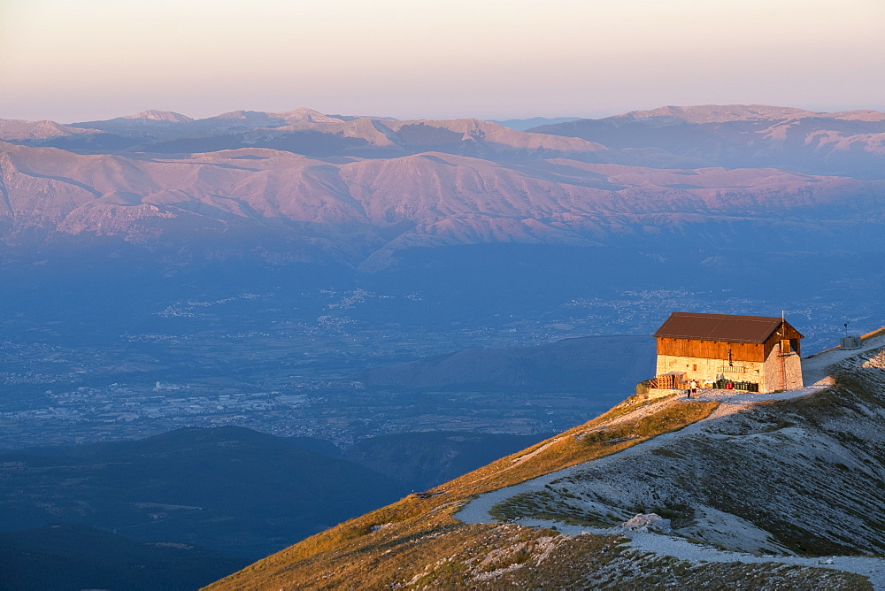 Duca degli Abruzzi mountain hut at sunrise, Gran Sasso e Monti della Laga National Park, Abruzzo, Italy, Europe