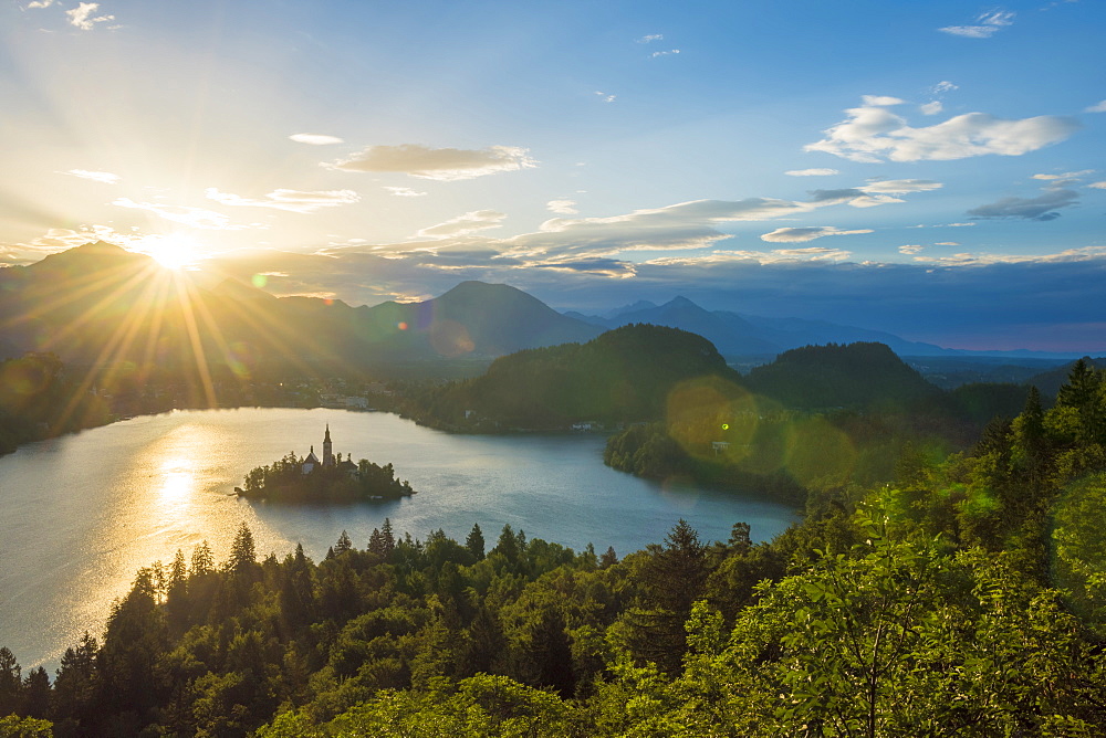 Bled Island and Church of the Assumption of Maria at sunrise, Bled, Slovenia, Europe