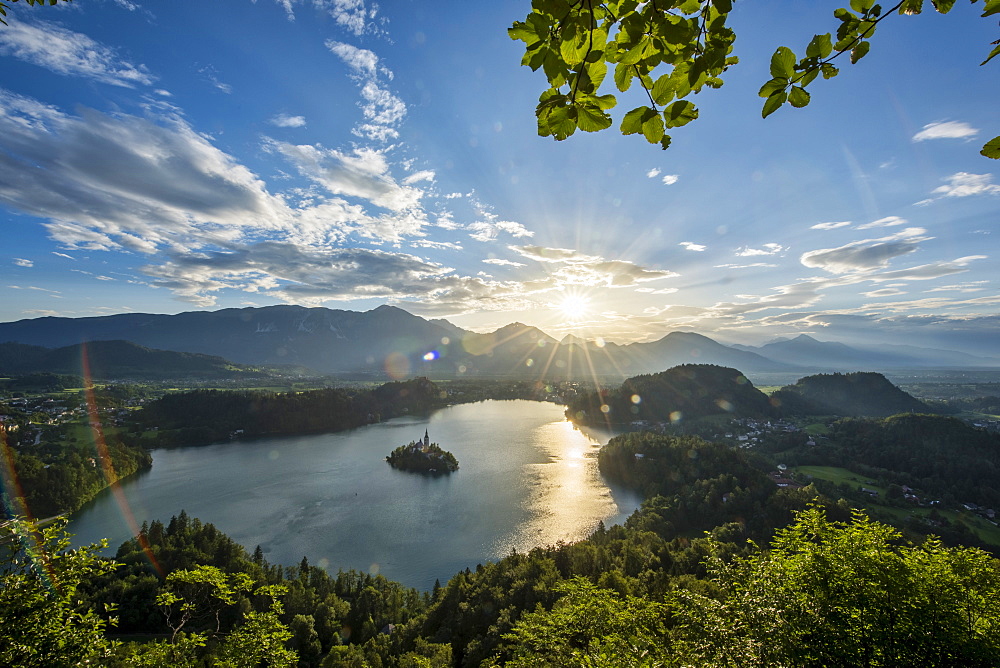 Bled Island and Church of the Assumption of Maria at sunrise, Bled, Slovenia, Europe