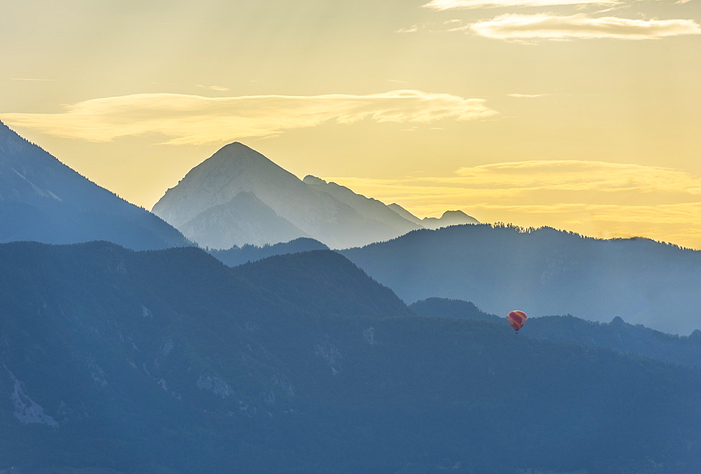 Balloon at sunrise, Bled, Slovenia, Europe