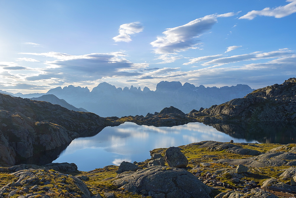 Lake Nero and Brenta mountain range at sunrise, Rendena Valley, Trentino, Italy, Europe