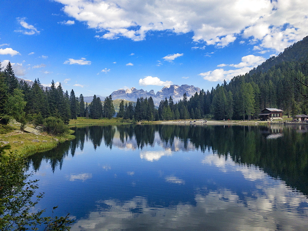 Reflections, Lake Nambino and Brenta mountain range, Rendena Valley, Trentino, Italy, Europe