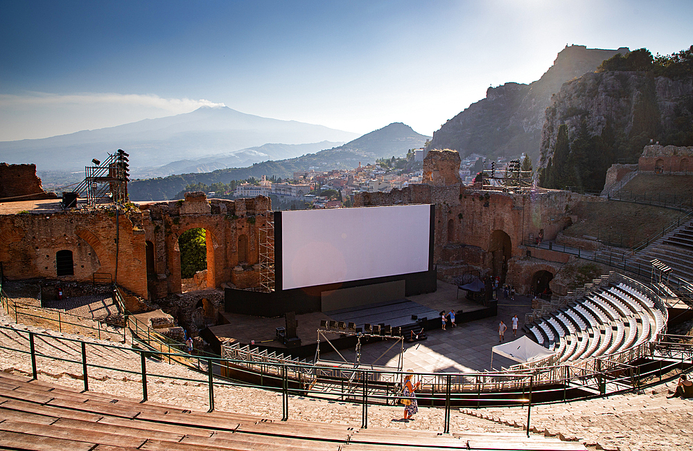 empty white banner in famous ancient theatre in Taormina, Sicily, Italy