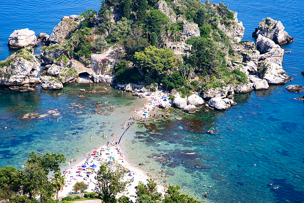 beach and island Isola Bella at Taormina, Sicily