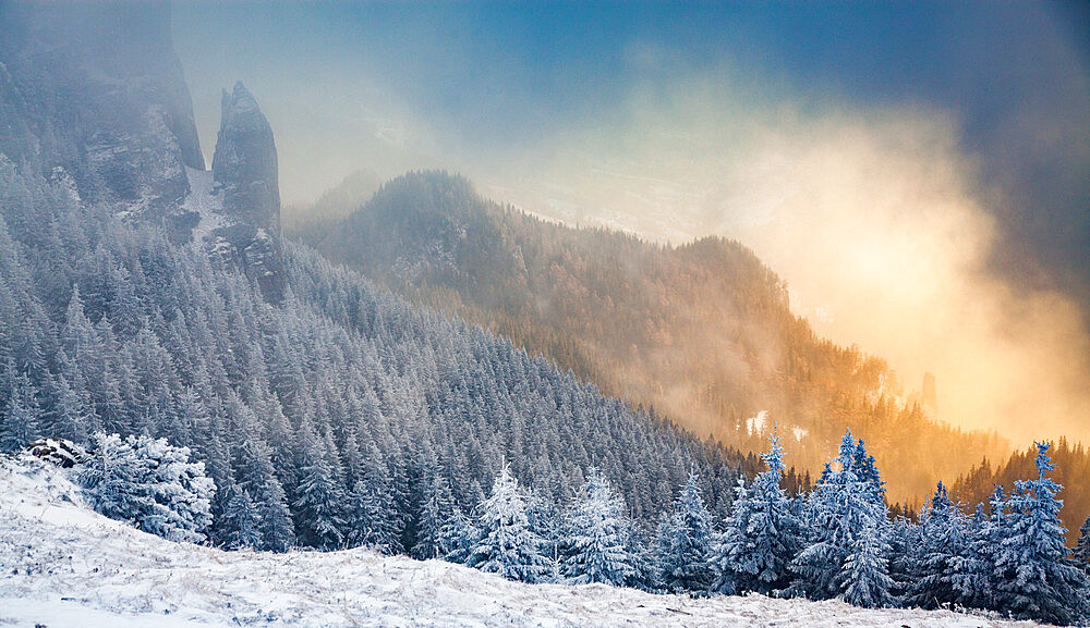 Ceahlau Massif in winter, Eastern Carpathians, Neamt County, Moldavia, Romania, Europe