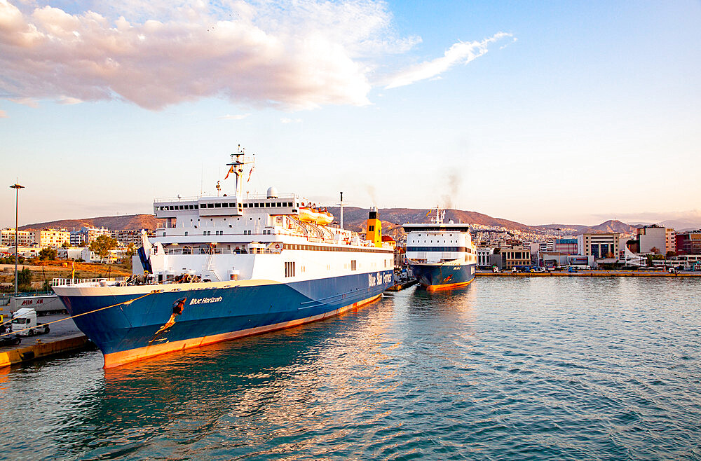 Ferries docked at Athens Piraeus port, Attica, Greece, Europe