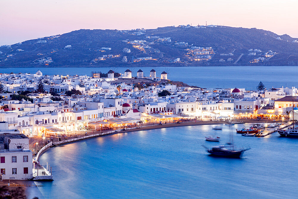 Scenic view over Mykonos town, Mykonos island, Cyclades, Aegean Sea, Greek Islands, Greece, Europe