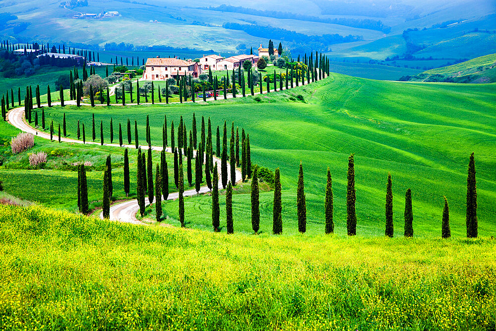 Farmhouse in green summer landscape near Crete Senesi, Tuscany, Italy, Europe