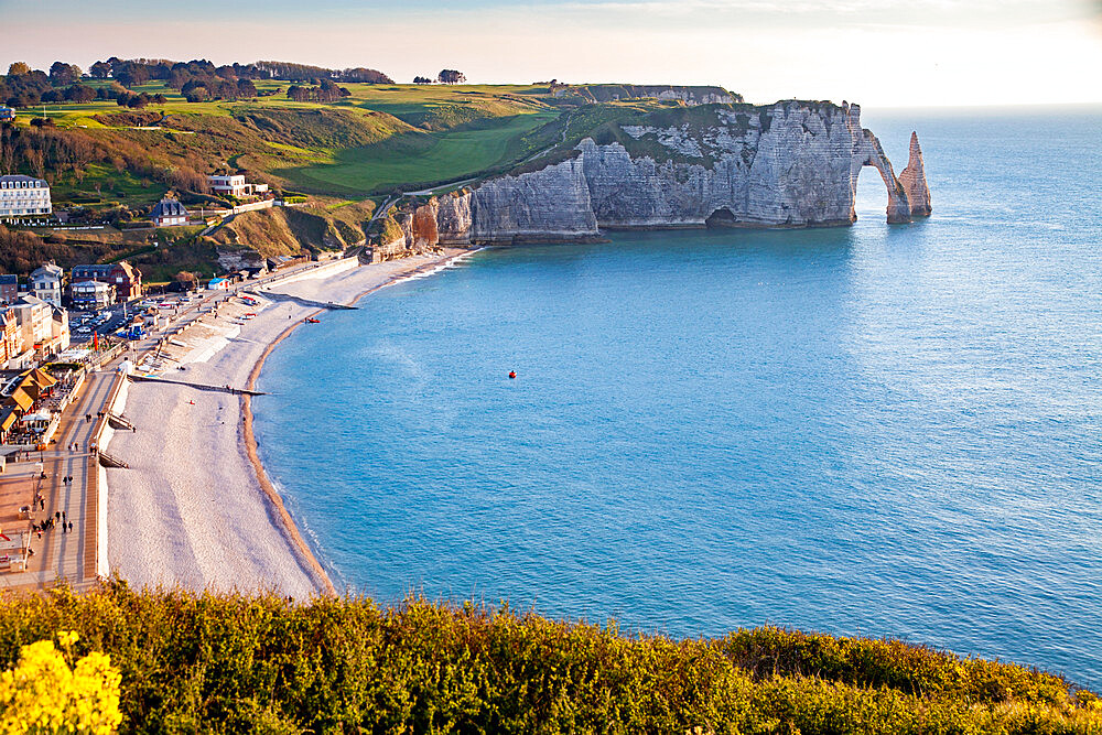 Les Falaises (cliffs) of Etretat at sunrise, Etretat, Normandy, France, Europe