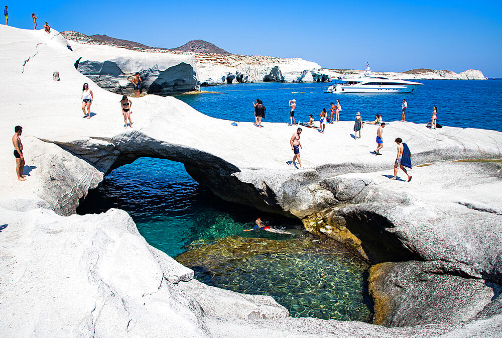 Volcanic rock formations at Sarakiniko on north coast, Sarakiniko, Milos, Cyclades, Aegean Sea, Greek Islands, Greece, Europe