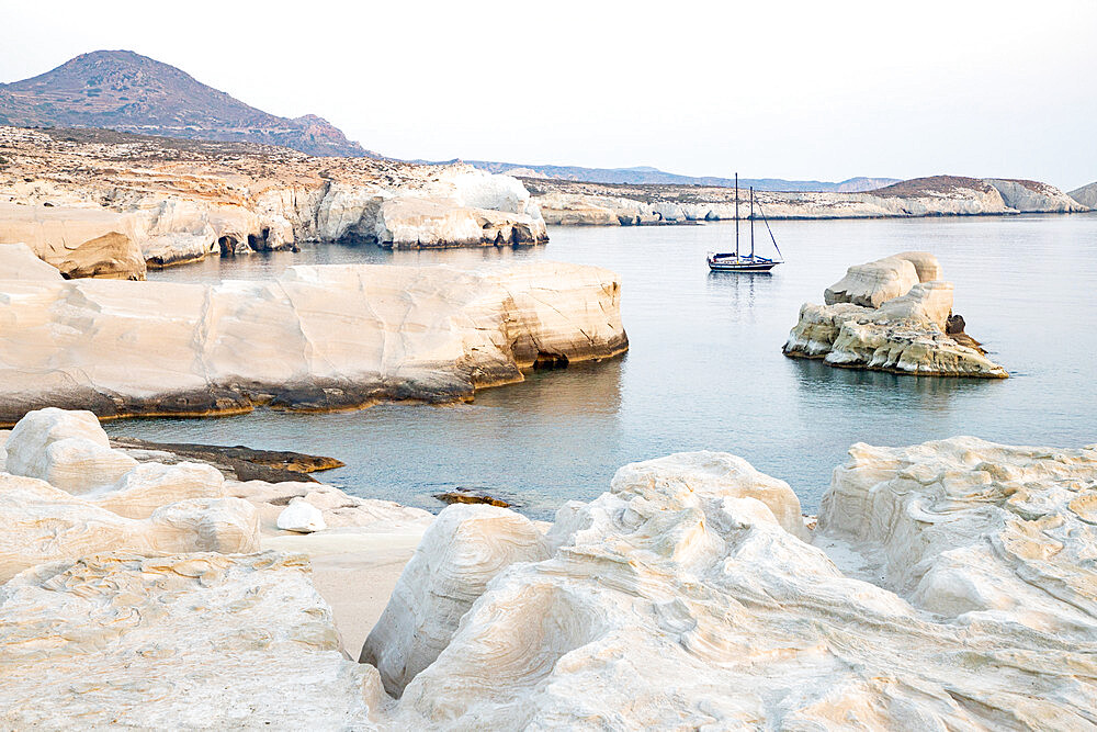 Volcanic rock formations at Sarakiniko on north coast, Sarakiniko, Milos, Cyclades, Aegean Sea, Greek Islands, Greece, Europe