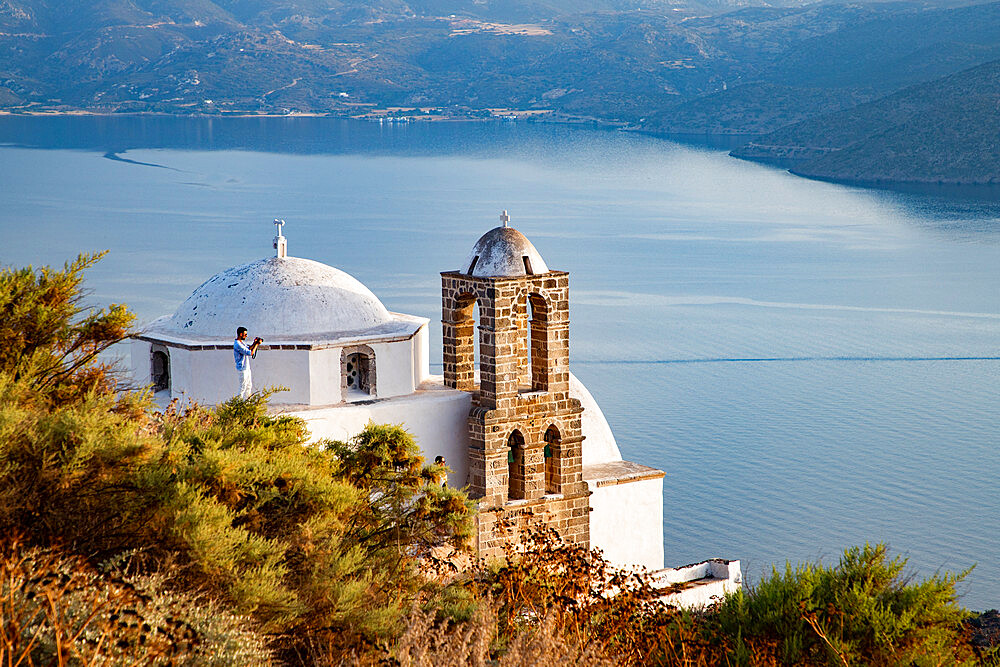 Domed church Pangia Thalassitra, church on Milos with a view over the sea at sunset, Plaka, Milos, Cyclades, Greek Islands, Greece, Europe