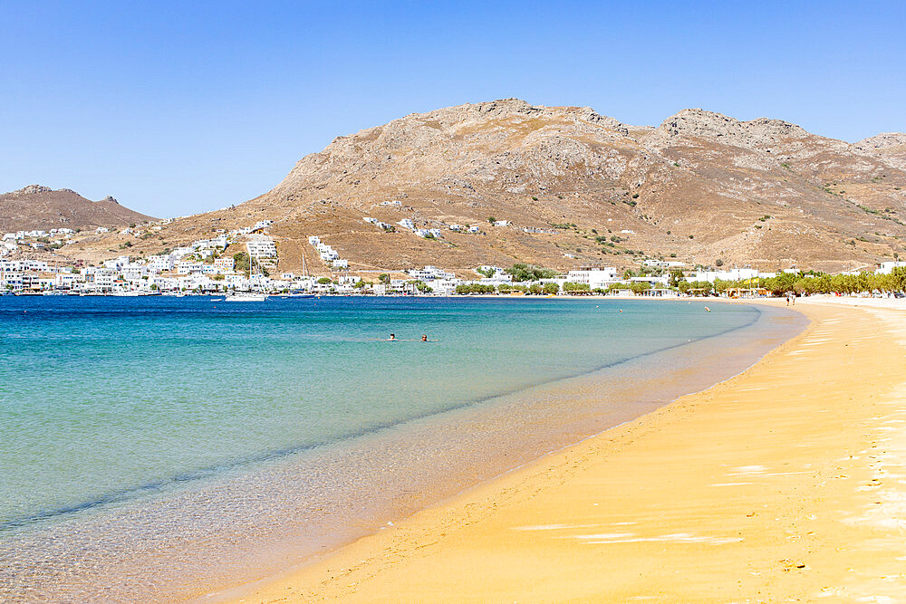 View of Livadi beach and the large harbour bay of Serifos, Cyclades, Greek Islands, Greece, Europe