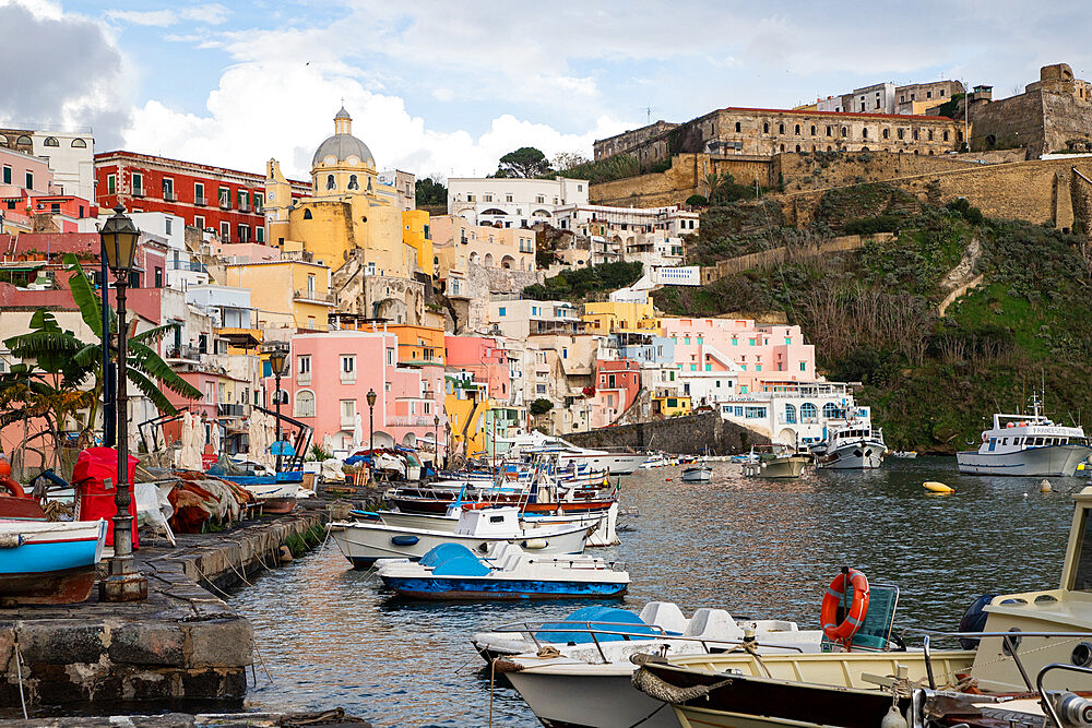 Beautiful Italian island Procida famous for its colorful marina, tiny narrow streets and many beaches