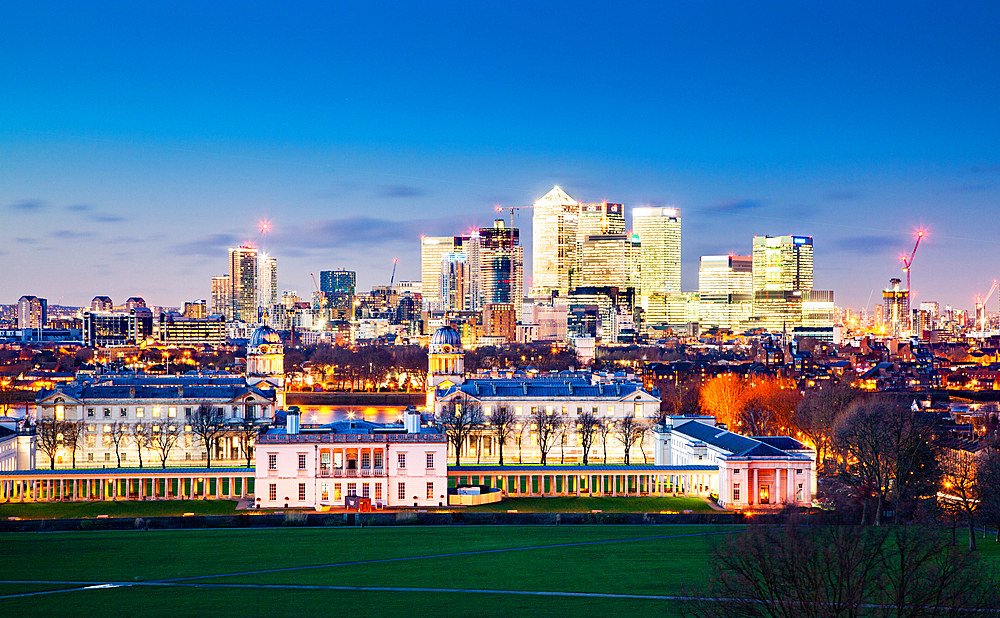 Panoramic view from Greenwich of Canary Wharf, Docklands, London, England, United Kingdom, Europe