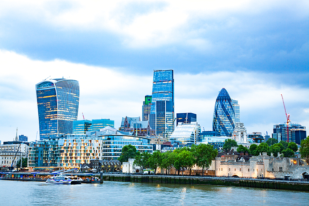 Panoramic view from Tower Bridge across the River Thames to the City of London, London, England, United Kingdom, Europe