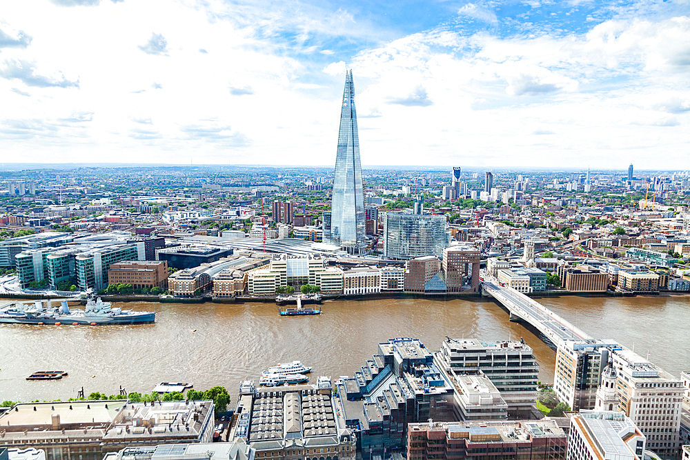 Aerial view of South London with London Bridge, The Shard skyscraper and River Thames, London, England, United Kingdom, Europe