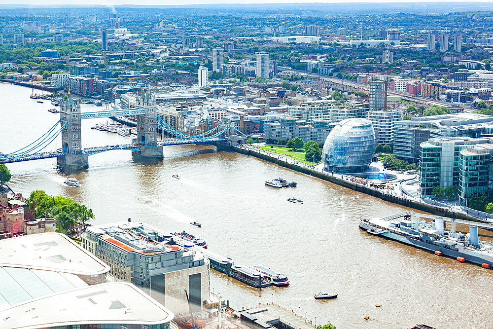 Aerial view of South London with Tower Bridge, and River Thames, London, England, United Kingdom, Europe