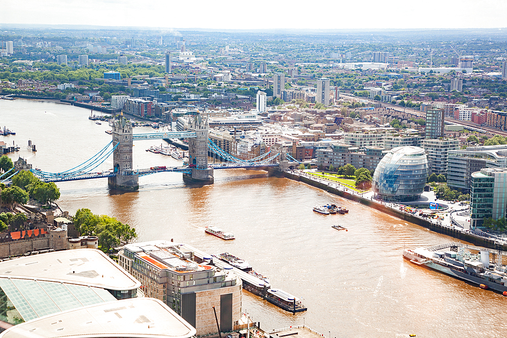 Aerial view of South London with Tower Bridge and River Thames, London, England, United Kingdom, Europe