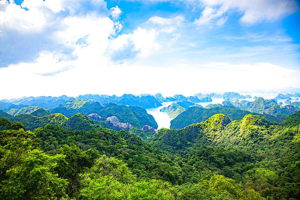 Ha Long Bay from Cat Ba island, Ha Long city in the background, UNESCO World Heritage Site, Vietnam, Indochina, Southeast Asia, Asia