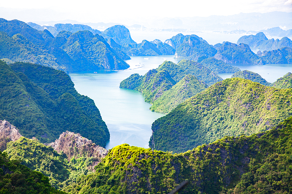 Ha Long Bay from Cat Ba island, Ha Long city in the background, UNESCO World Heritage Site, Vietnam, Indochina, Southeast Asia, Asia