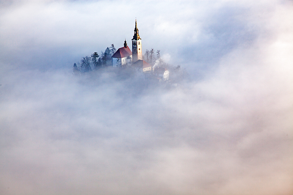 Misty day, Lake Bled, Slovenia, Europe