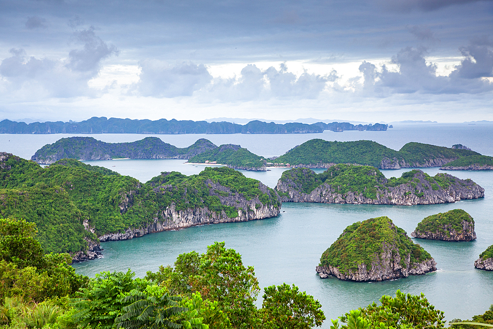 Ha Long Bay from Cat Ba island, Ha Long city in the background, UNESCO World Heritage Site, Vietnam, Indochina, Southeast Asia, Asia