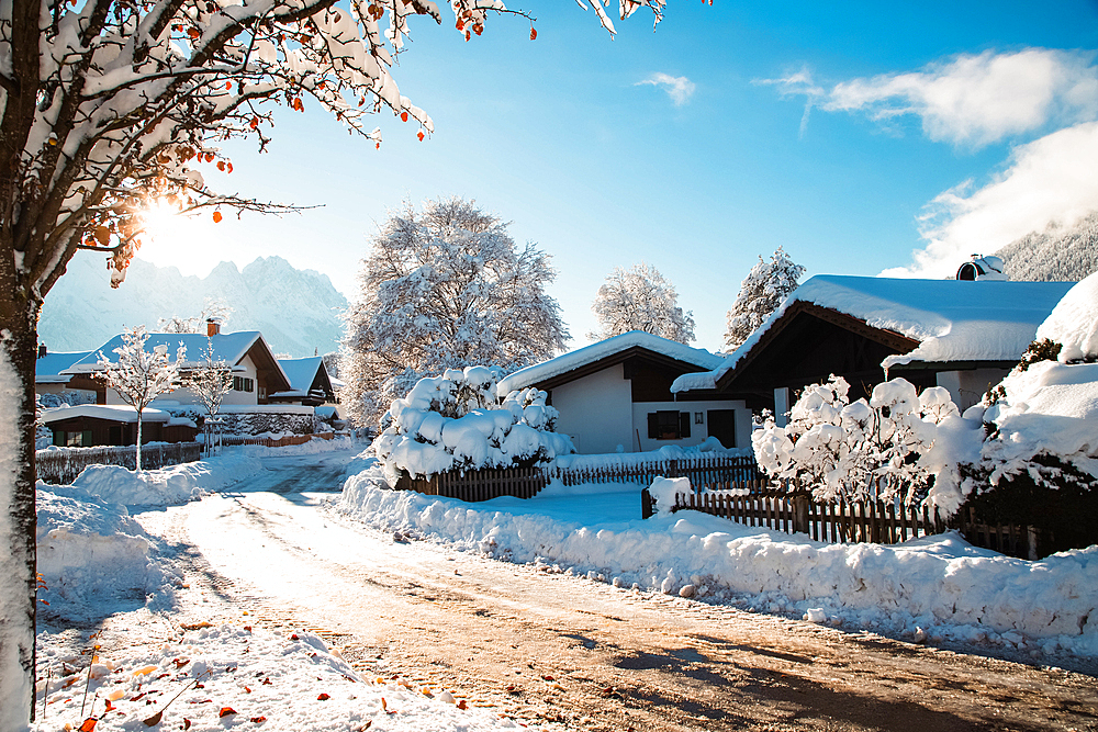 Wintertime in small German village of Garmisch-Partenkirchen, Bavaria, Germany, Europe