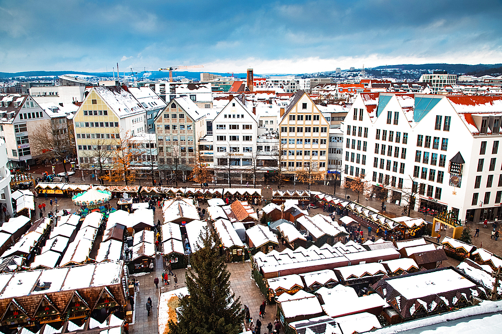 Aerial view over Christmas market in Ulm, Baden-Wurttemberg, Germany, Europe