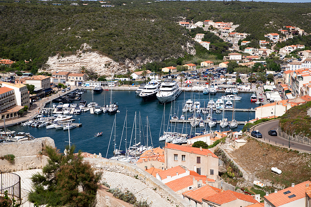 Old town of Bonifacio built on cliff rocks, Island of Corsica, France